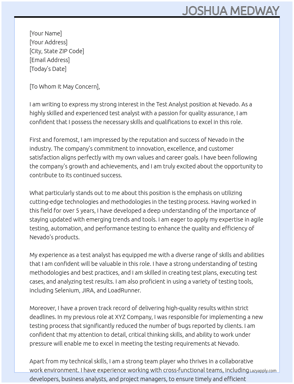 Test Analyst At Nevado Cover Letter