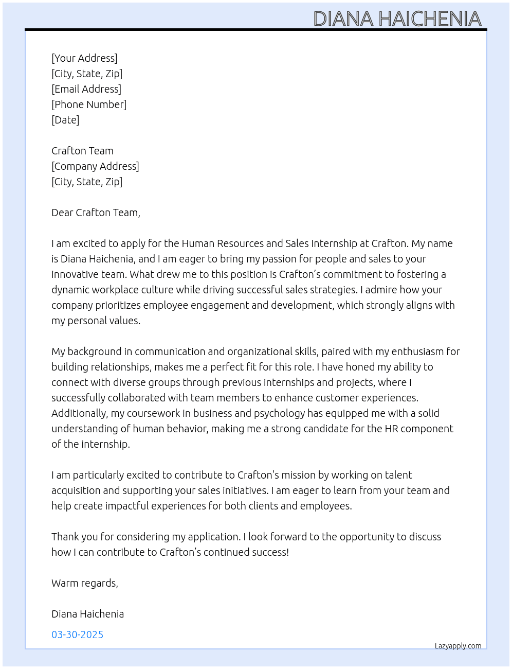 Human Resources and Sales Internship At Crafton Cover Letter