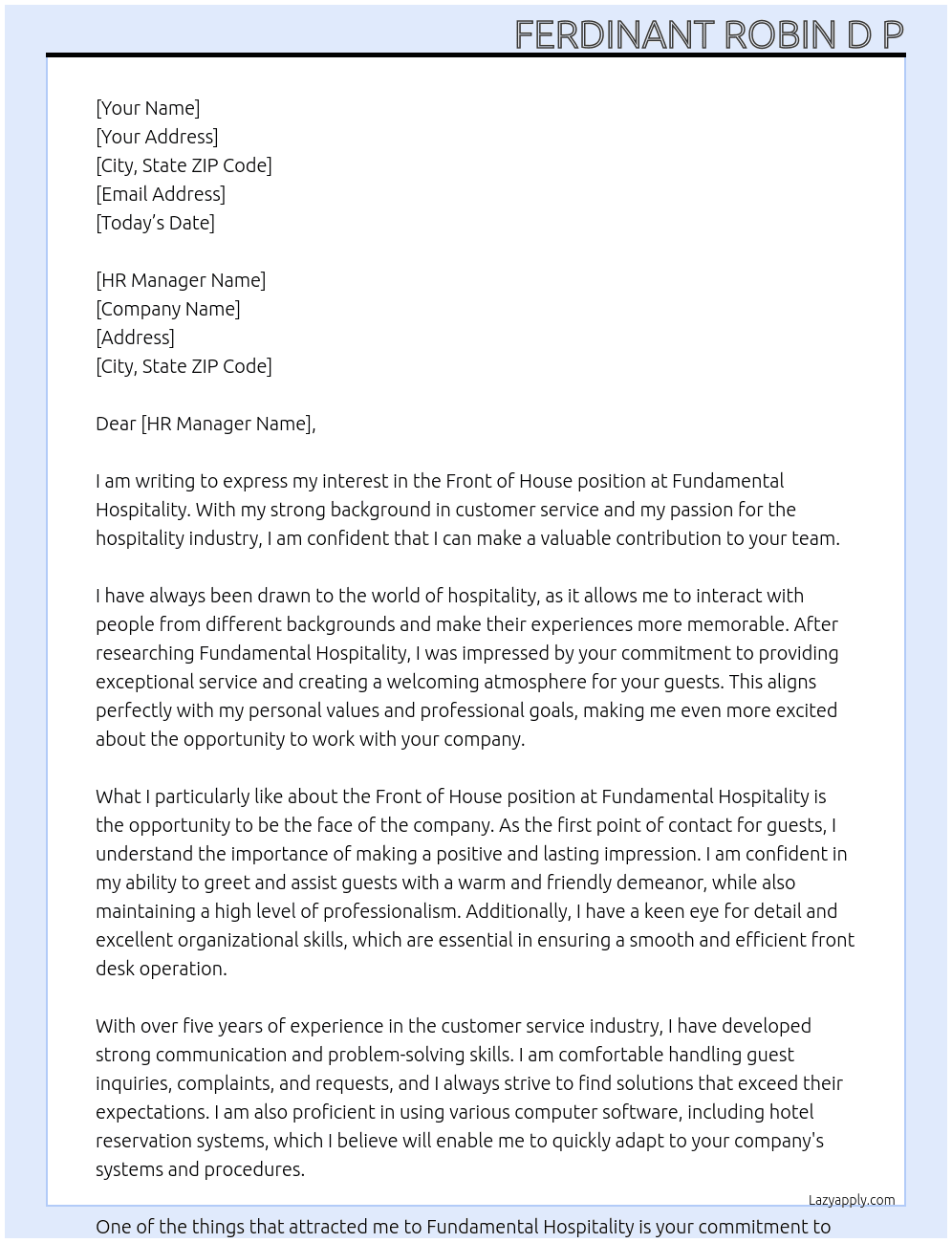 Front of house  At Fundamental hospitality  Cover Letter