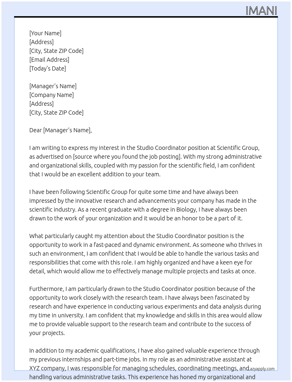 Studio Coordinator  At Scientific group Cover Letter