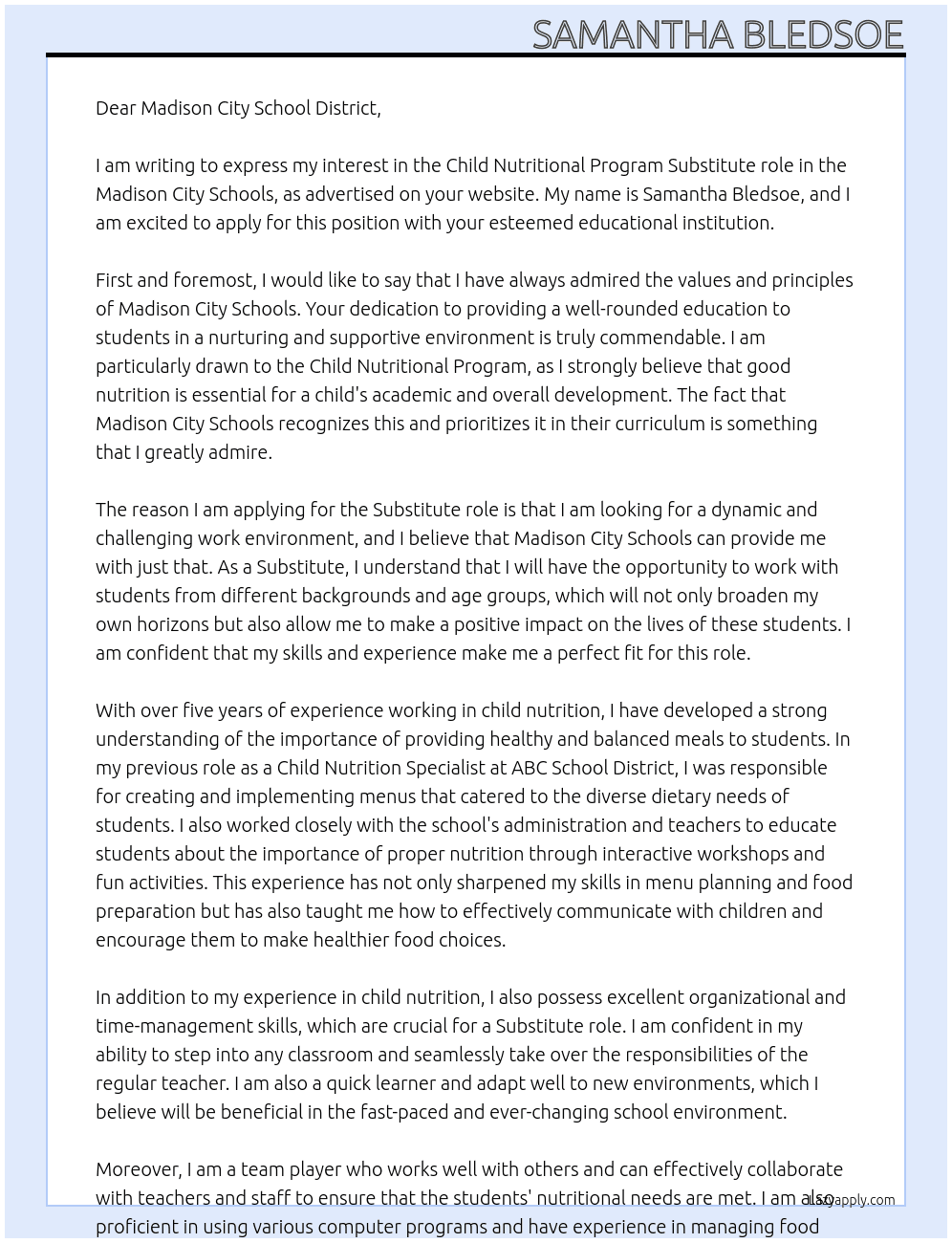 Child Nutritional Program At Madison City Schools Cover Letter