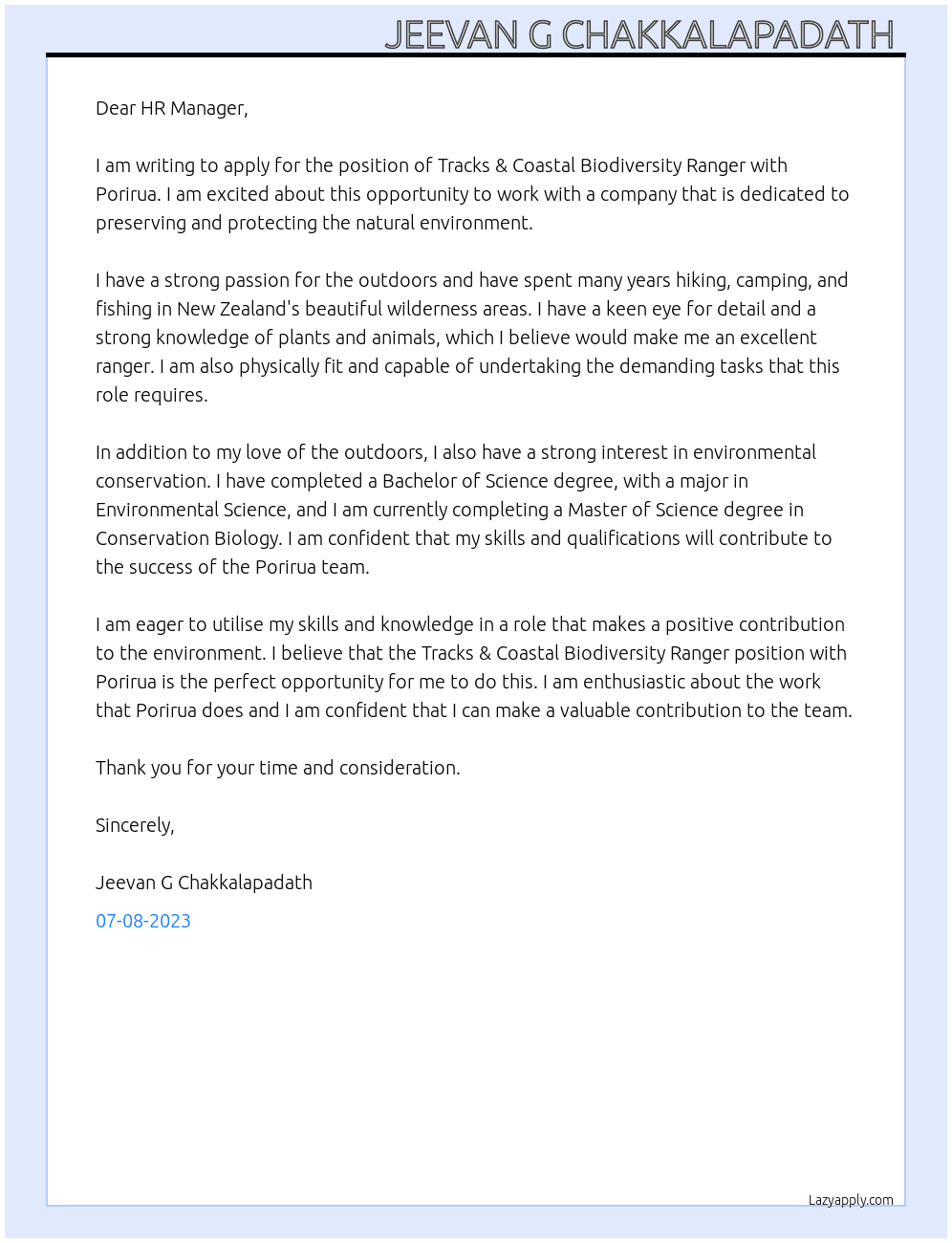 Tracks & Coastal Biodiversity Ranger At Porirua Cover Letter