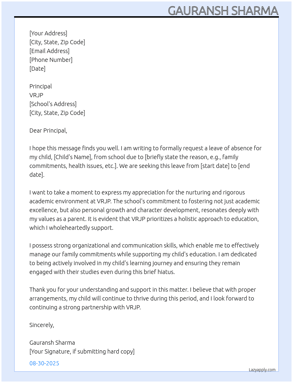 leave Application for child from school  At VRJP  Cover Letter