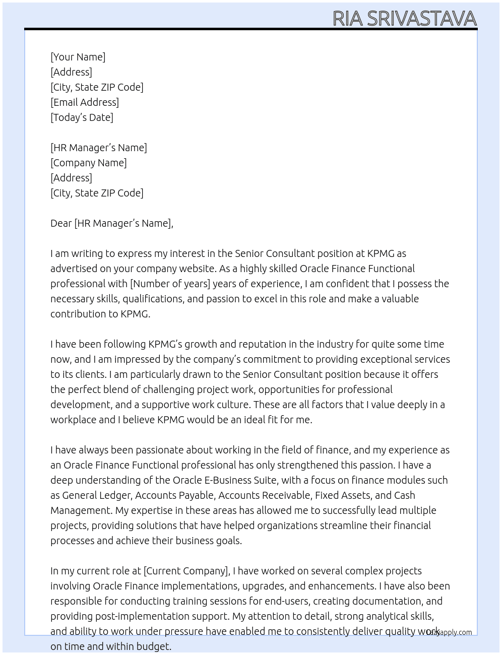 Senior Consultant At KPMG Cover Letter
