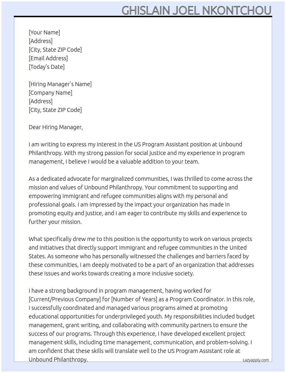 US Program Assistant At Unbound Philanthropy Cover Letter