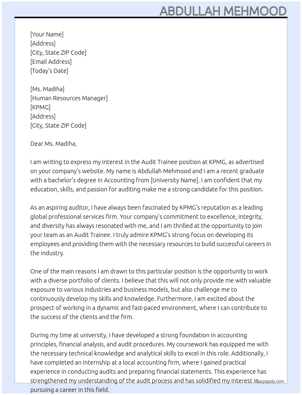 Audit Trainee At KPMG Cover Letter