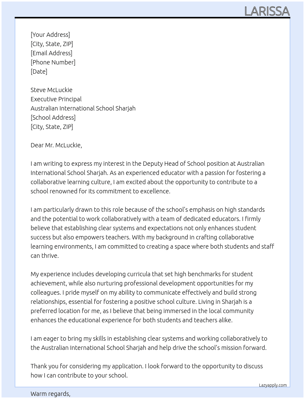 Secondary School - Deputy Head of School  At Australian International School Sharjah Cover Letter