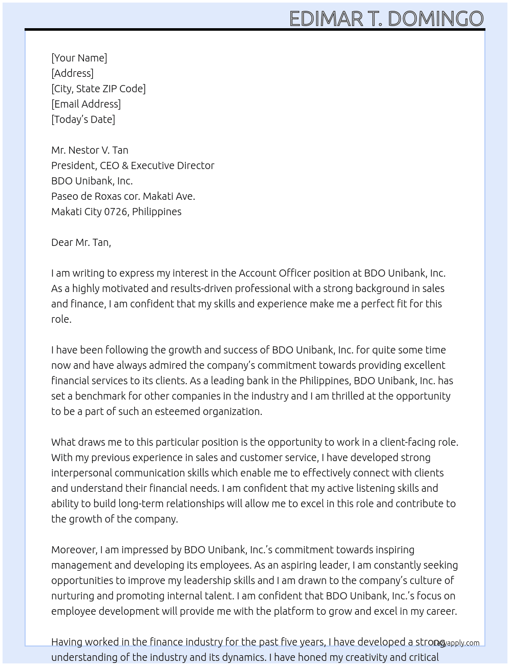 Account Officer  At BDO Unibank, Inc Cover Letter