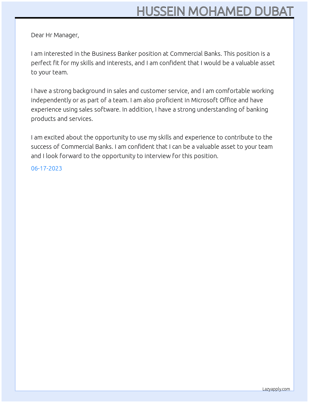 Business Banker  At Commercial Banks Cover Letter