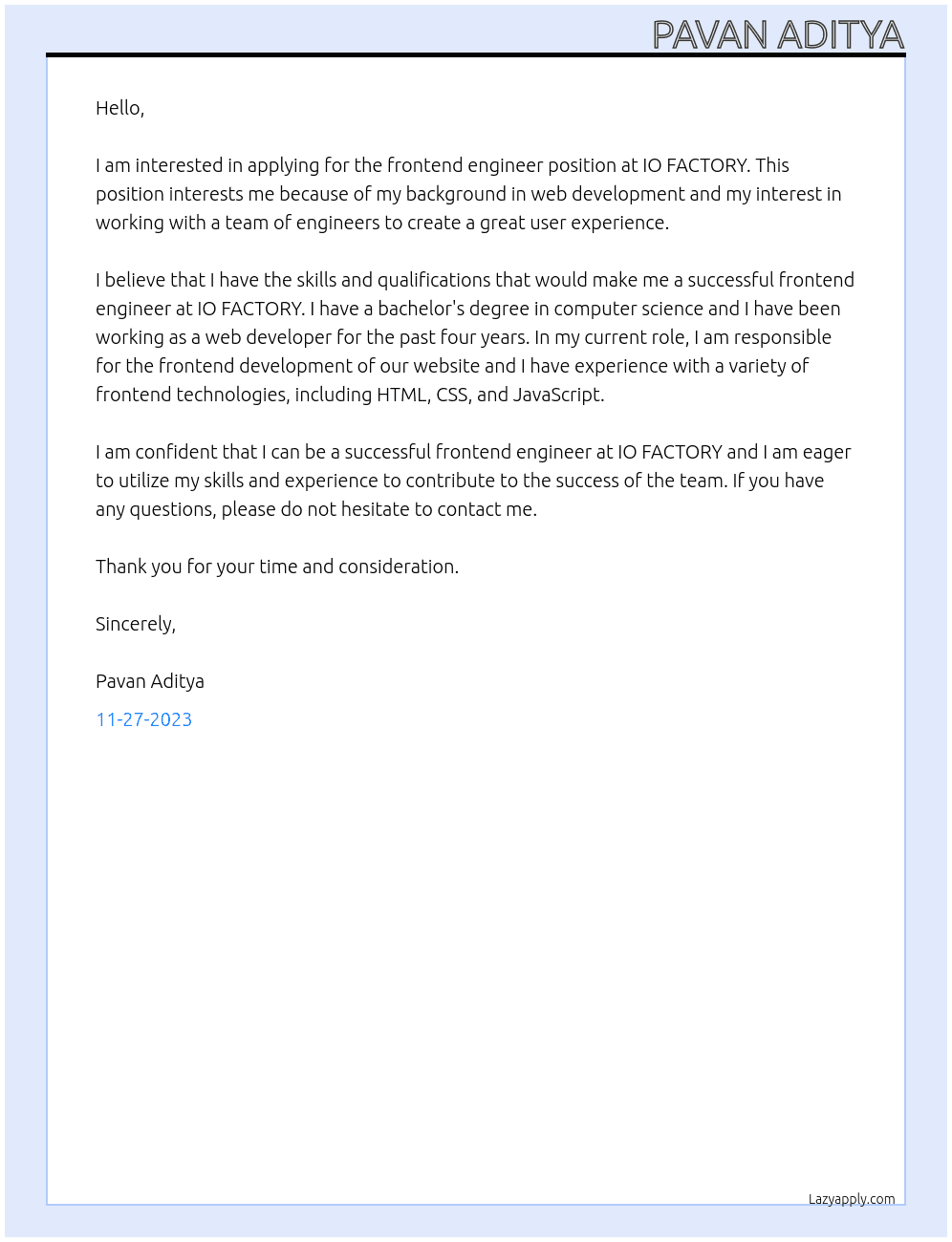 Frontend Engineer At IO FACTORY Cover Letter