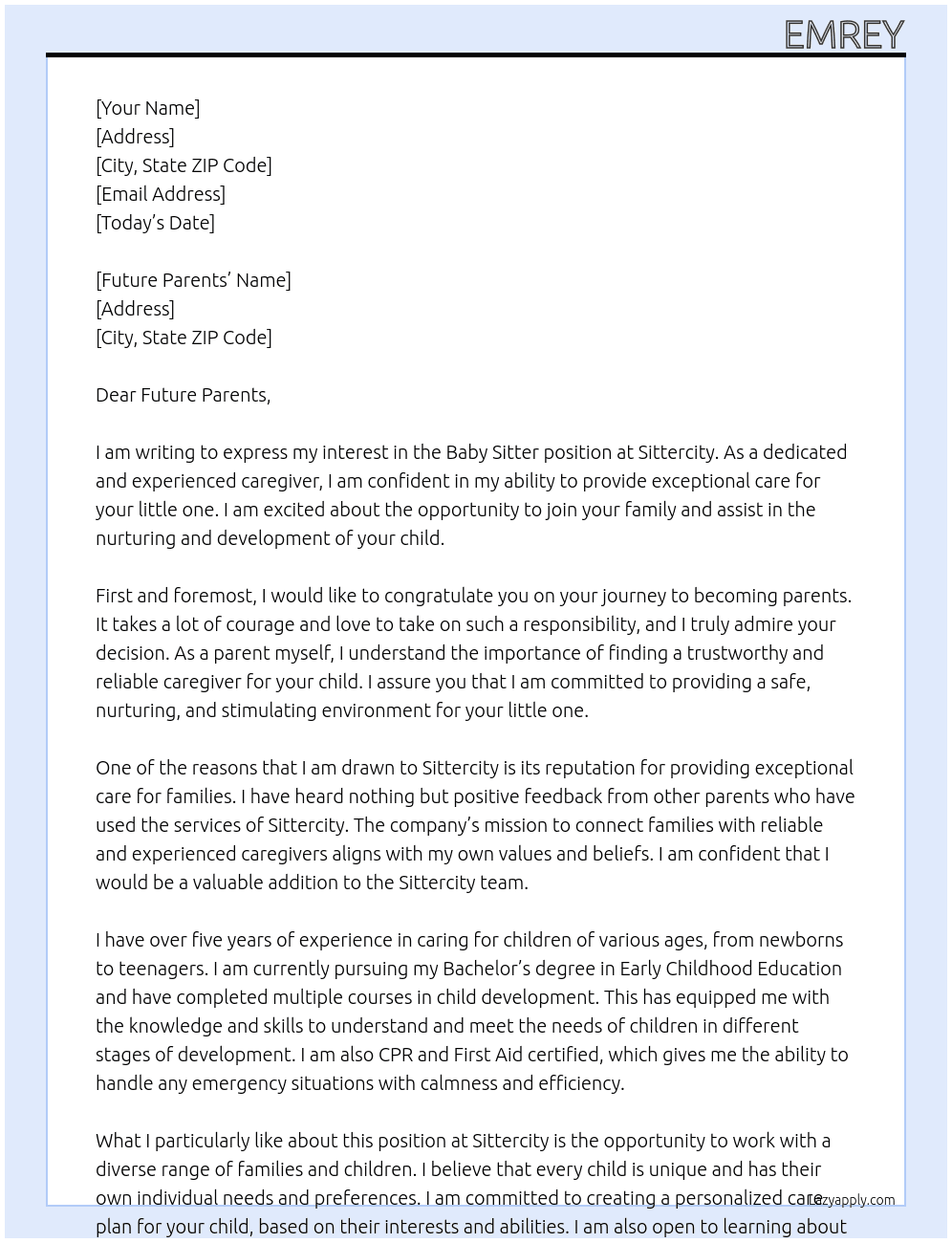 Baby sitter At Sittercity Cover Letter