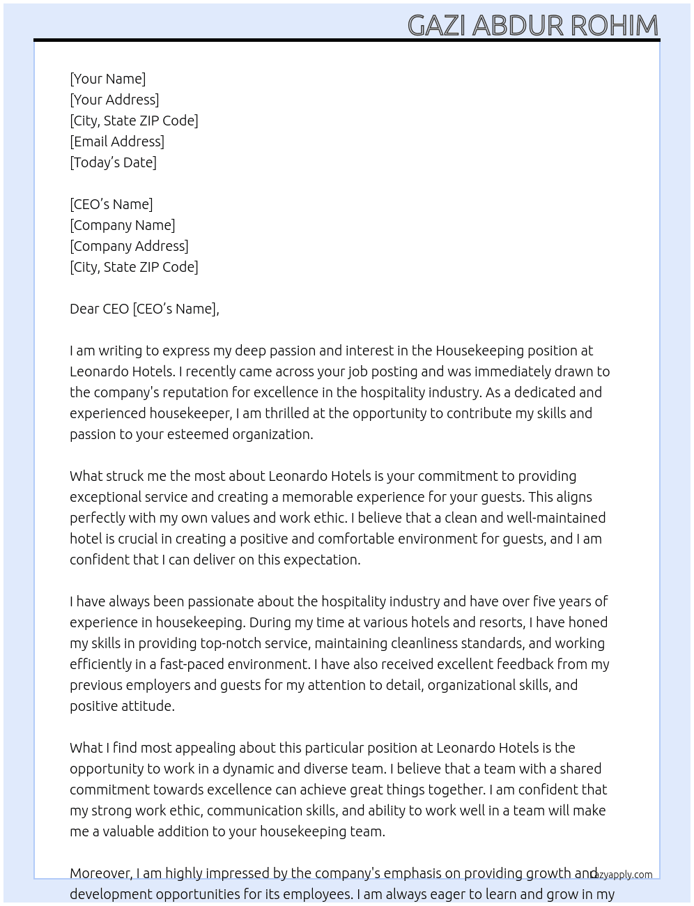 housekeeping  At Leonardo hotels  Cover Letter