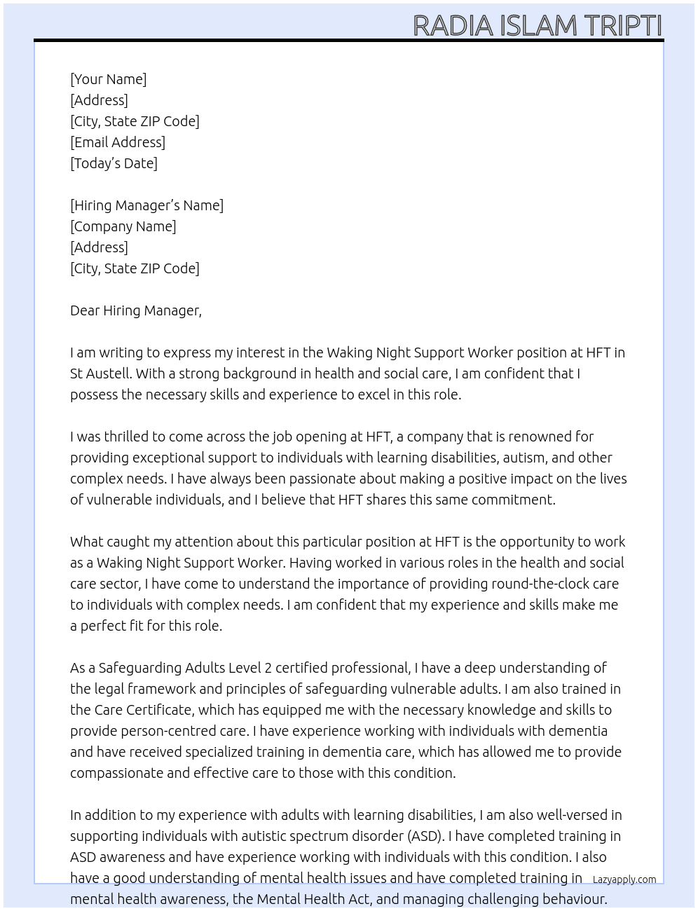 Waking night support worker  At HFT Cover Letter