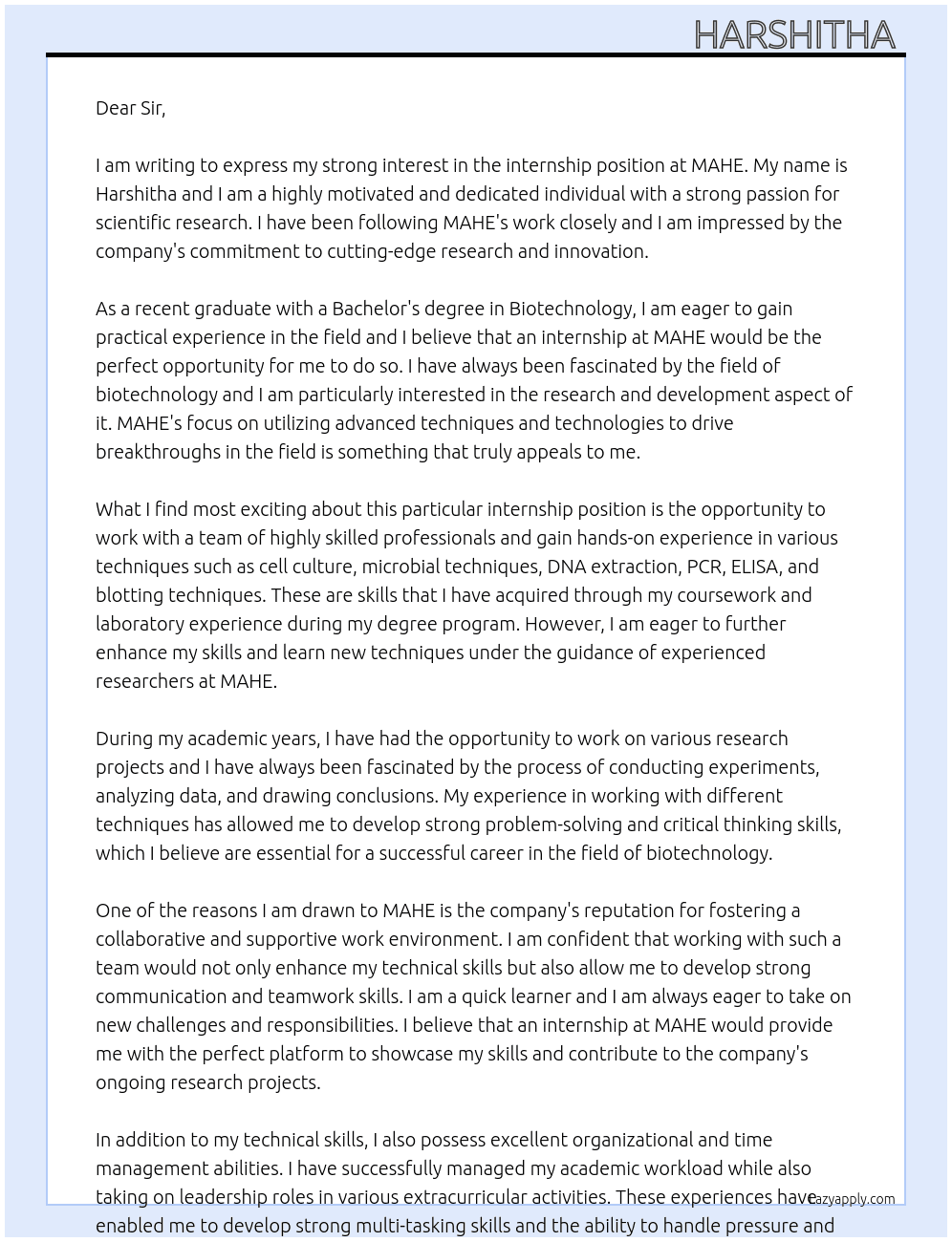 Internship  At MAHE Cover Letter
