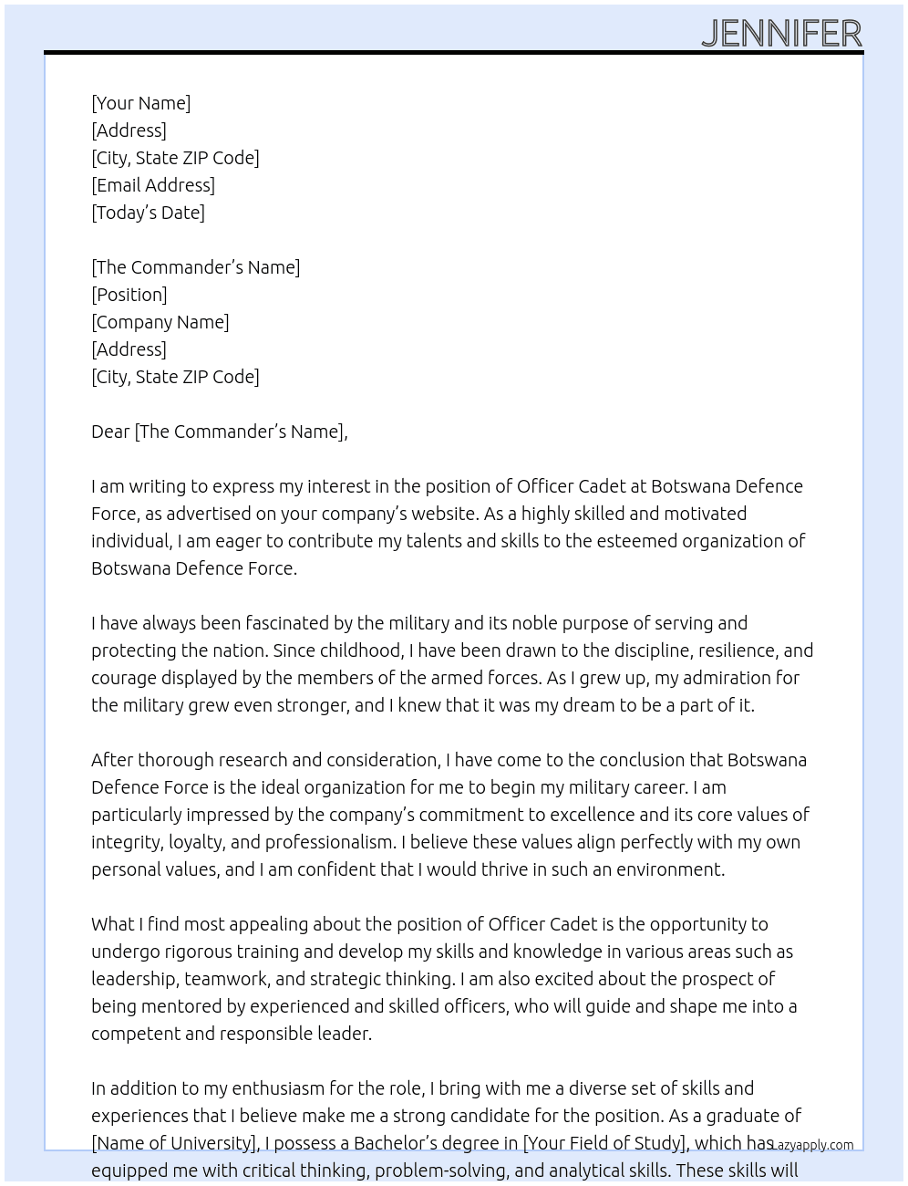 Officer Cadet At Botswana Defence Force Cover Letter