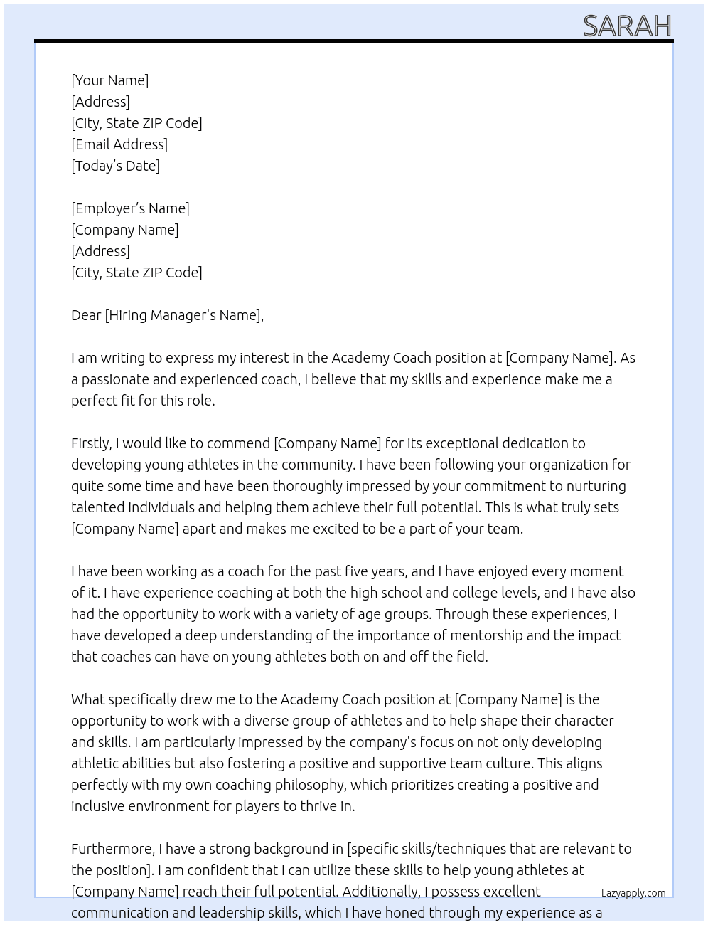 academy coach At bcchs Cover Letter