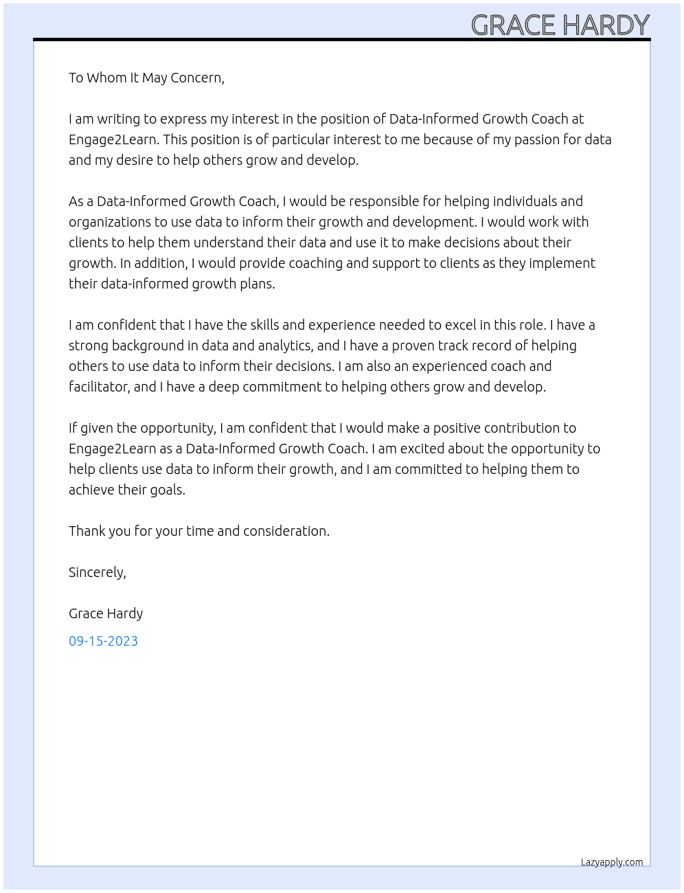 Data-Informed Groth Coach  At Engage2Learn Cover Letter