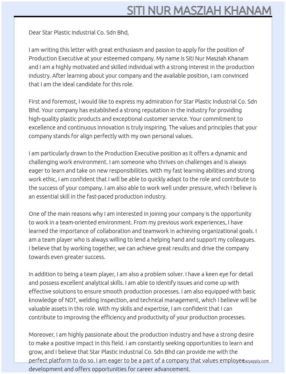 PRODUCTION EXECUTIVE At  Star Plastic Industrial Co. Sdn Bhd Cover Letter