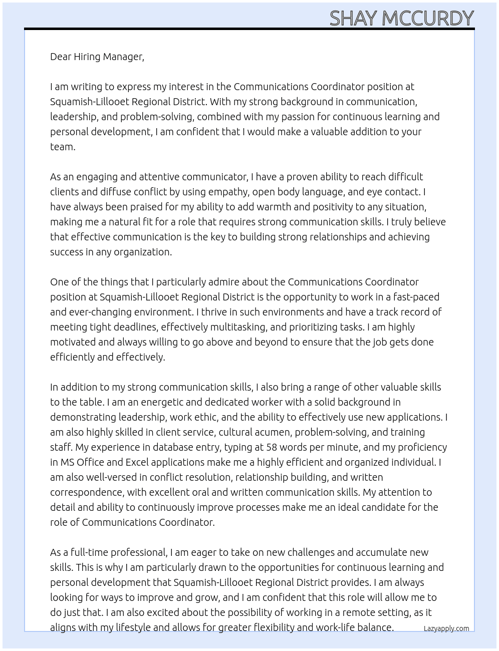 Communications Coordinator At Squamish-Lillooet Regional District Cover Letter