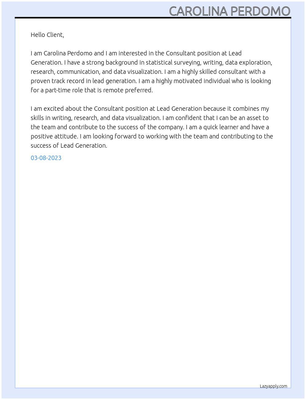 Consultant At Lead Generation Cover Letter