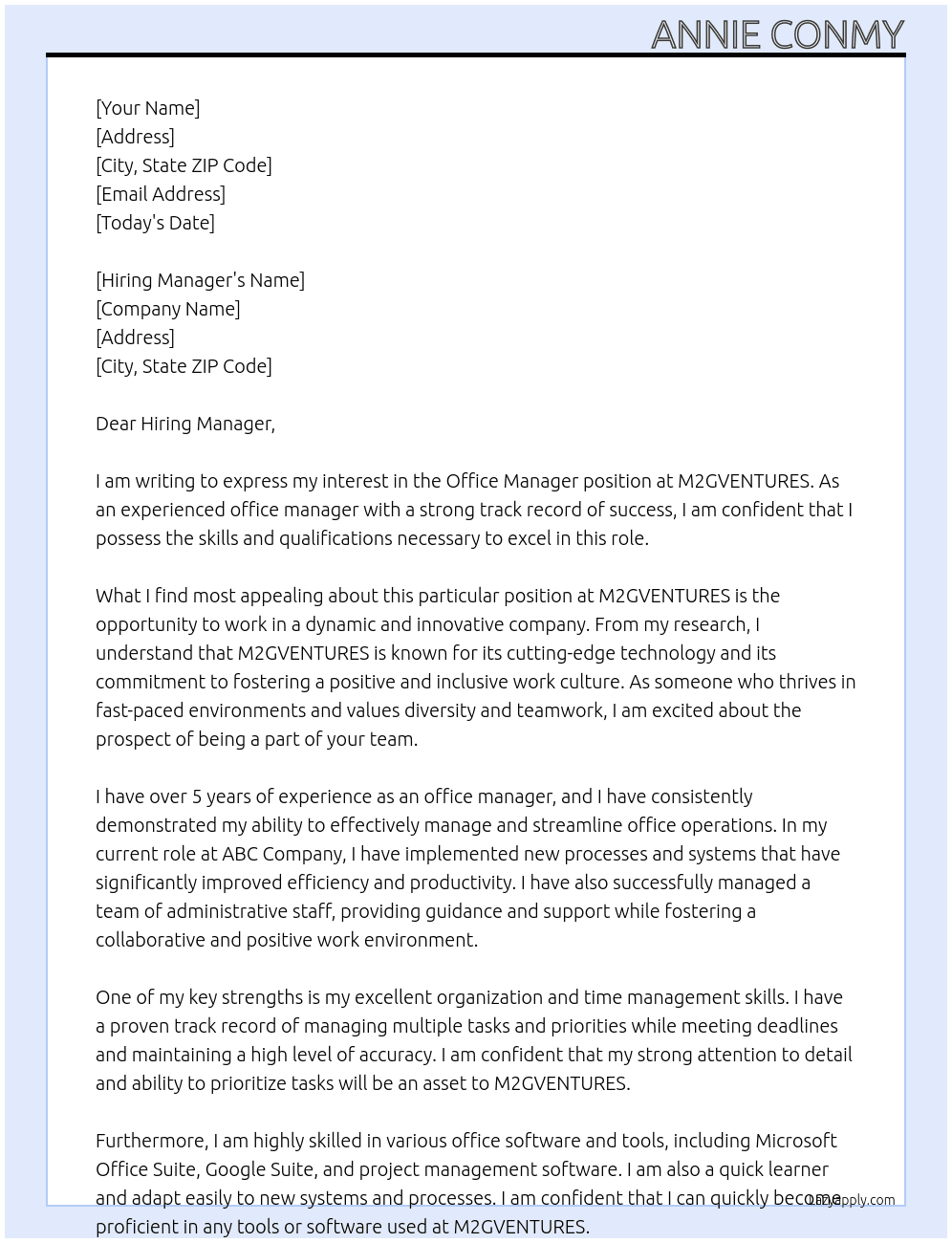 Office Manager  At M2GVENTURES Cover Letter