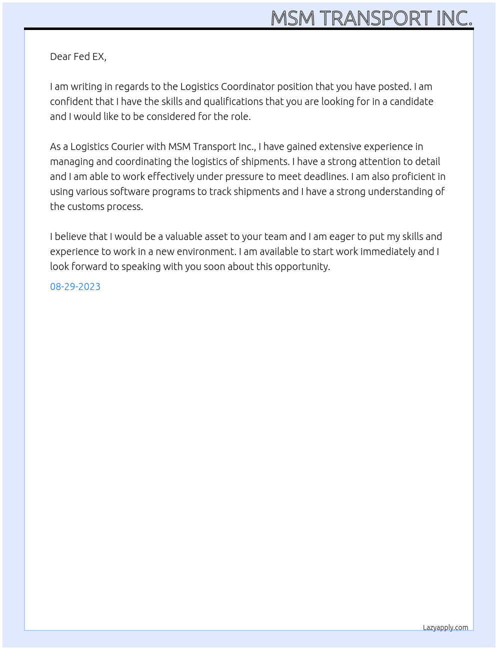 Logistic Courier  At Fed EX Cover Letter