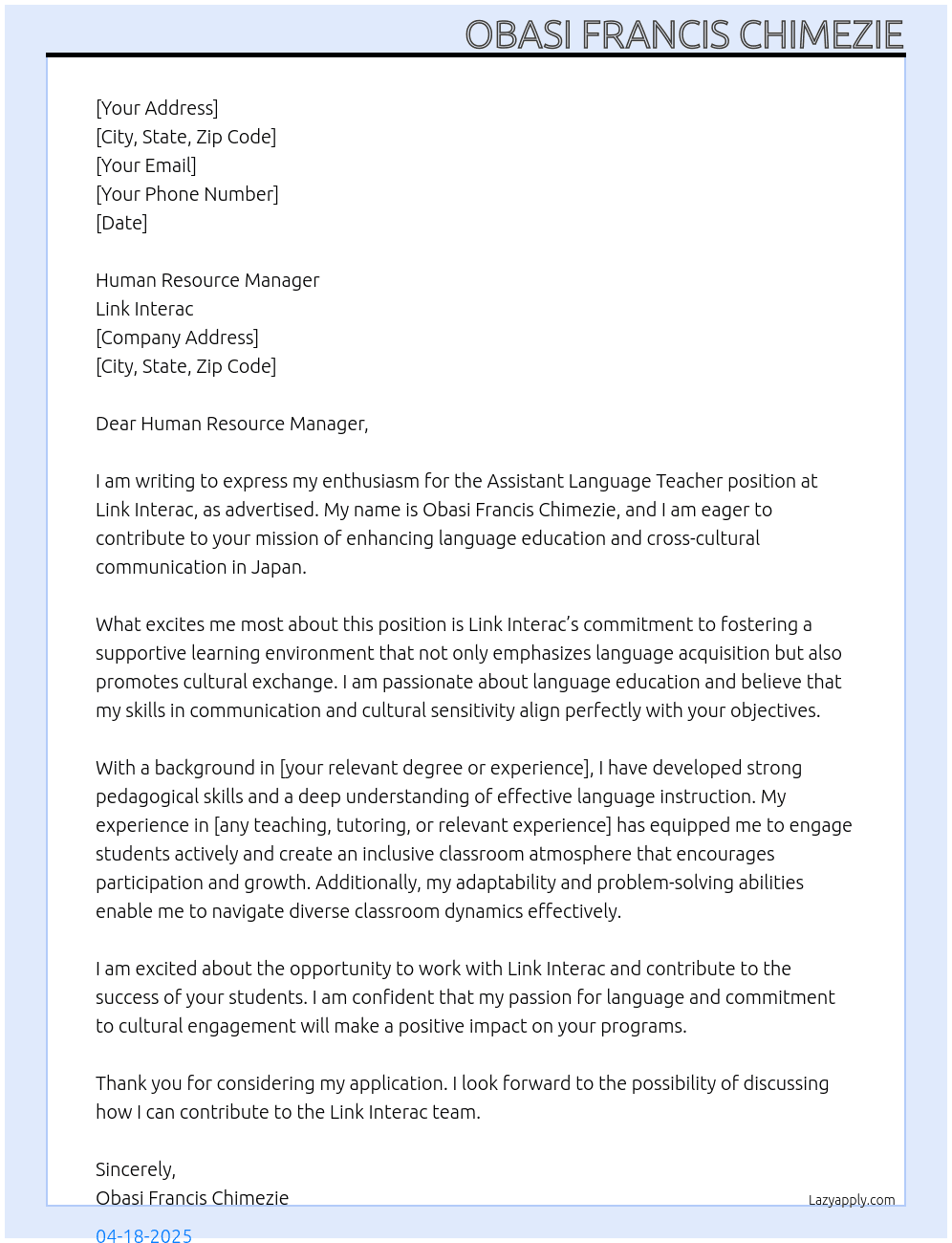 assistant language teachier At link  interac Cover Letter