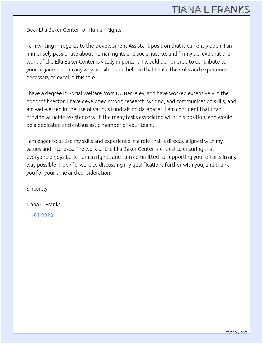Development Assistant At Ella Baker center for human rights Cover Letter