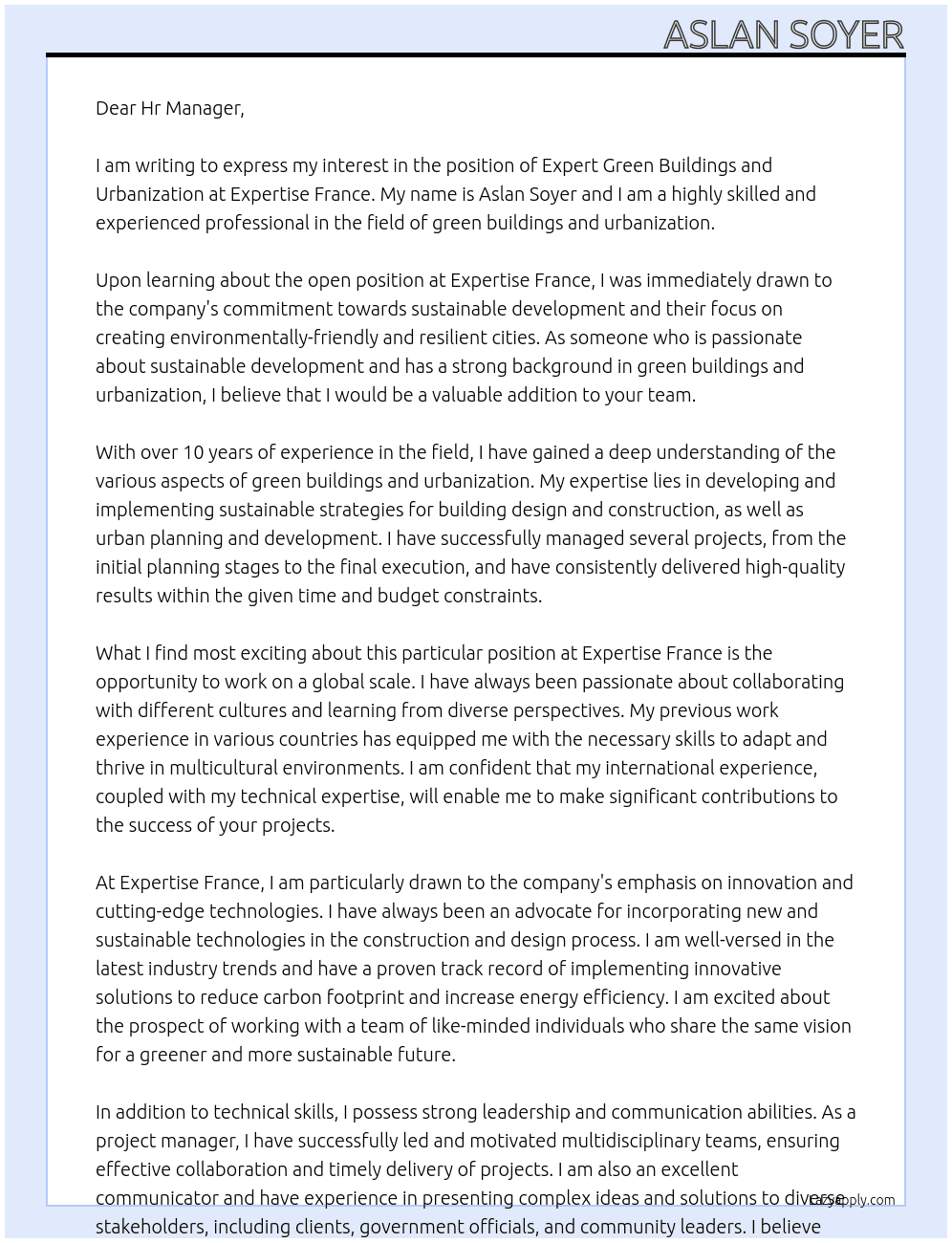 Expert Green Buildings and Urbanization At Expertise France Cover Letter
