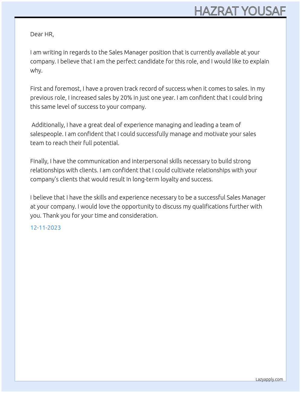 Sales Manager At Confidential company Cover Letter