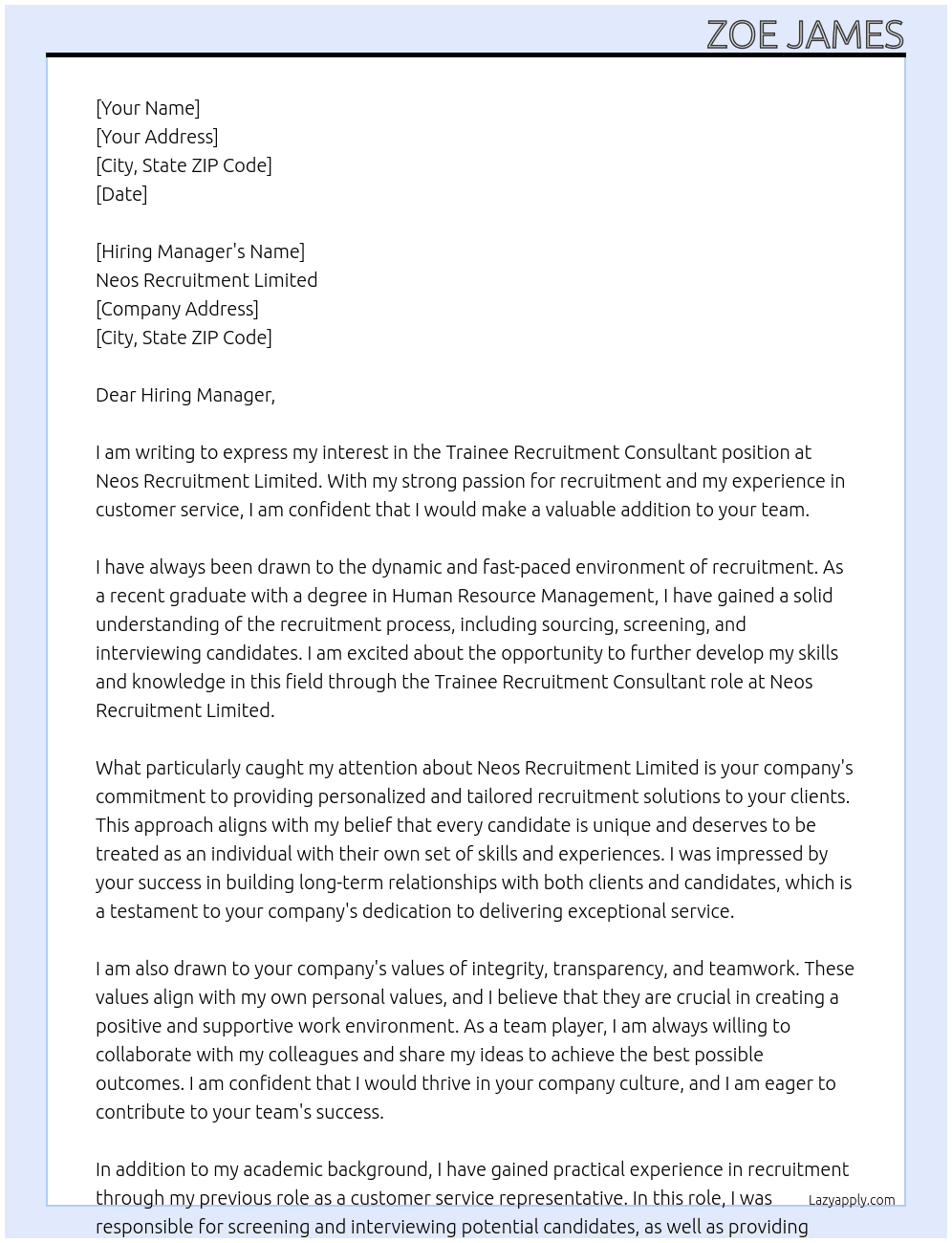 Trainee Recruitment Consultant At Neos Recruitment Limited Cover Letter