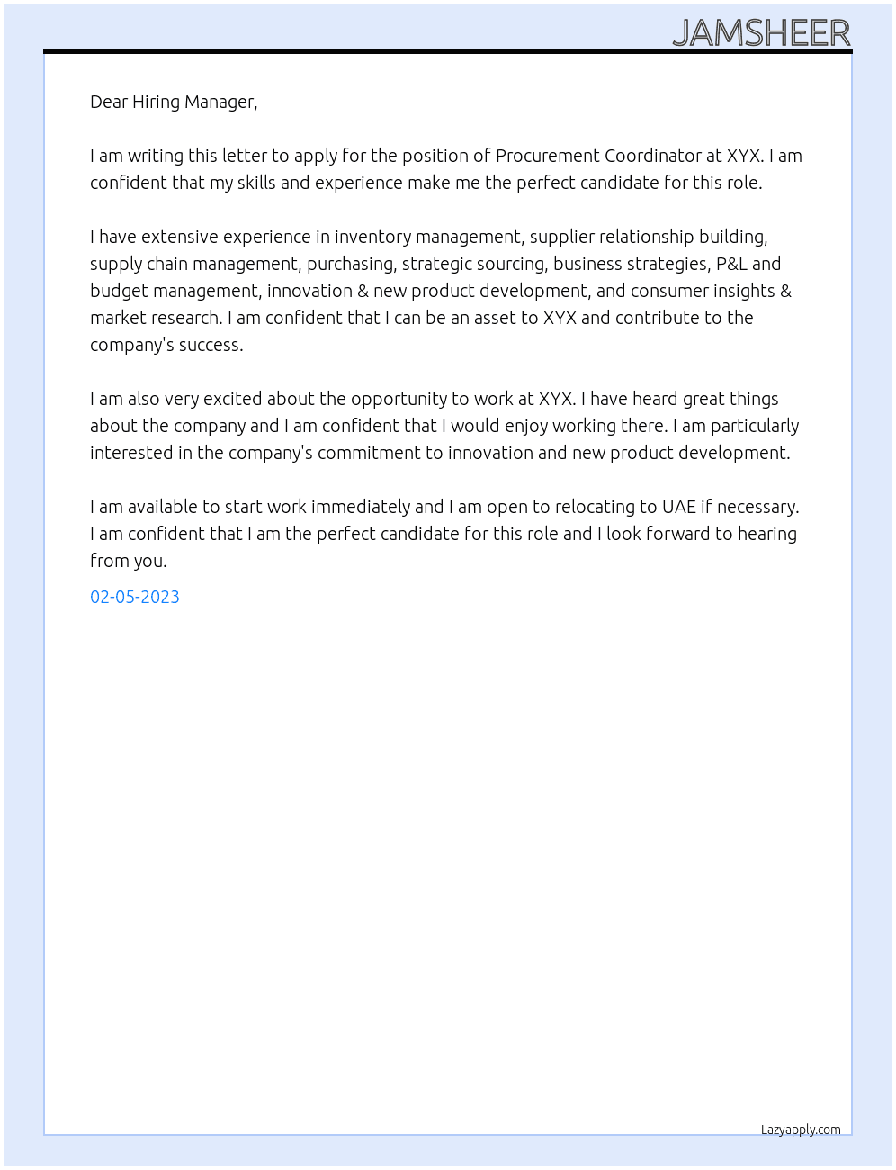 Procurement Coordinator  At XYX Cover Letter