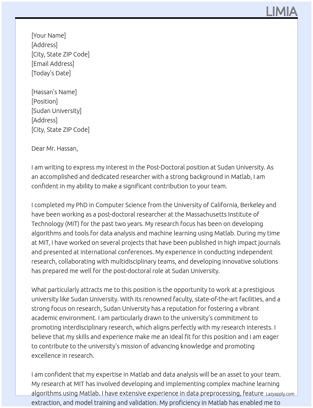 post doctoral At Sudan university Cover Letter