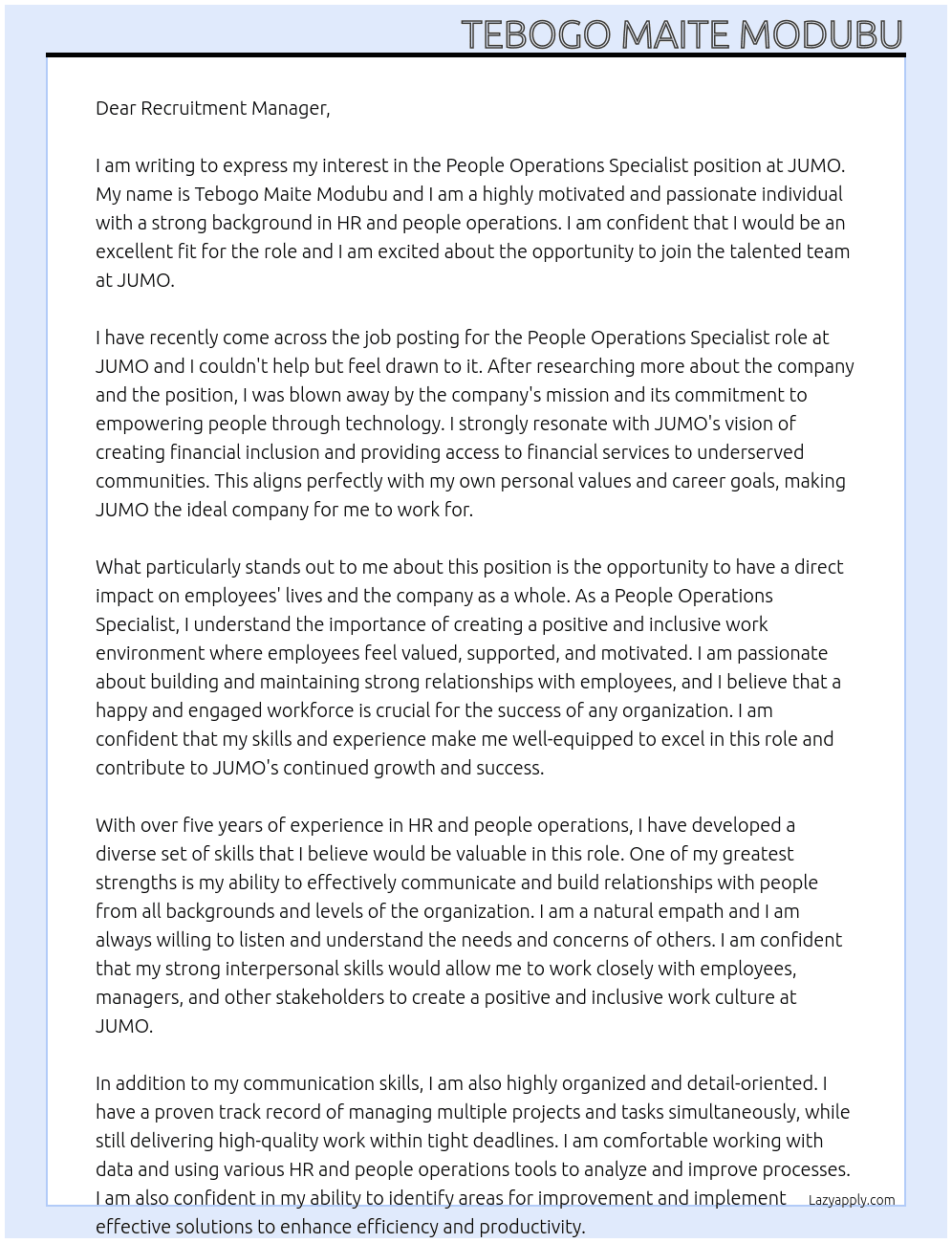 People Operations Specialist At JUMO Cover Letter