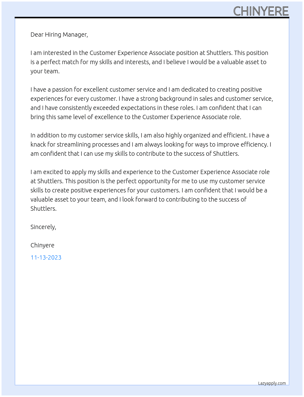 Customer Experience Associate At Shuttlers Cover Letter