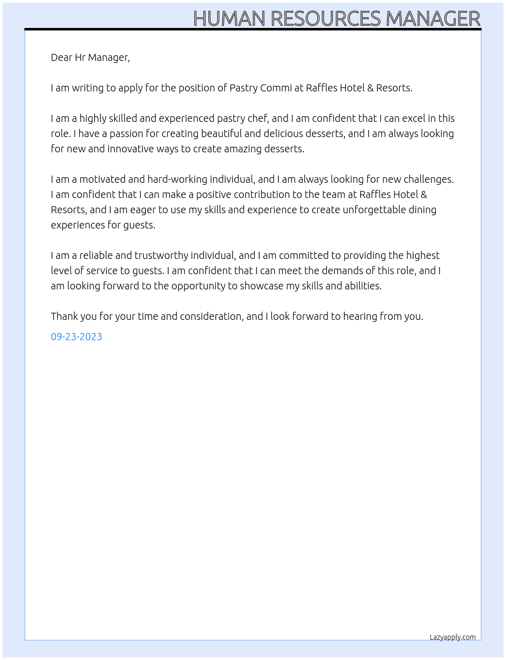 Pastry Commi At Raffles Hotel & Resorts Cover Letter