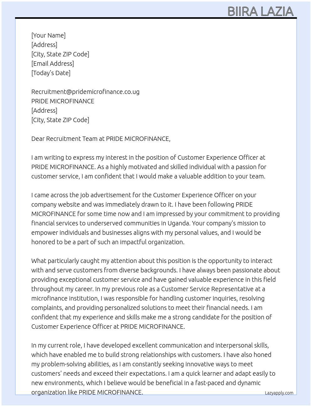 Customer experience officer  At PRIDE MICROFINANCE  Cover Letter