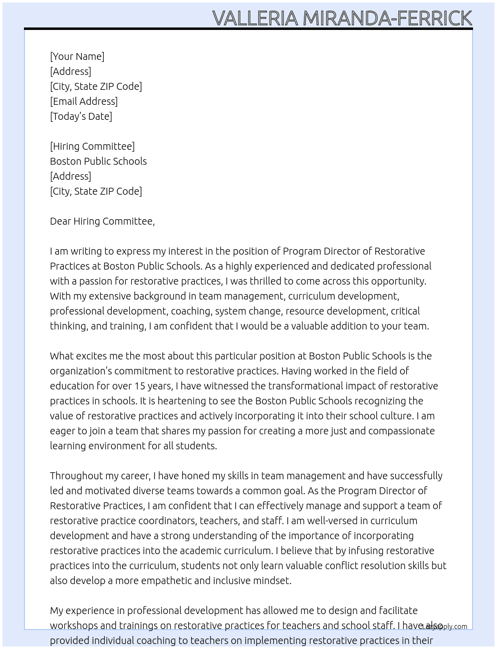 Program Director of Restorative Practices At Boston Public Schools Cover Letter