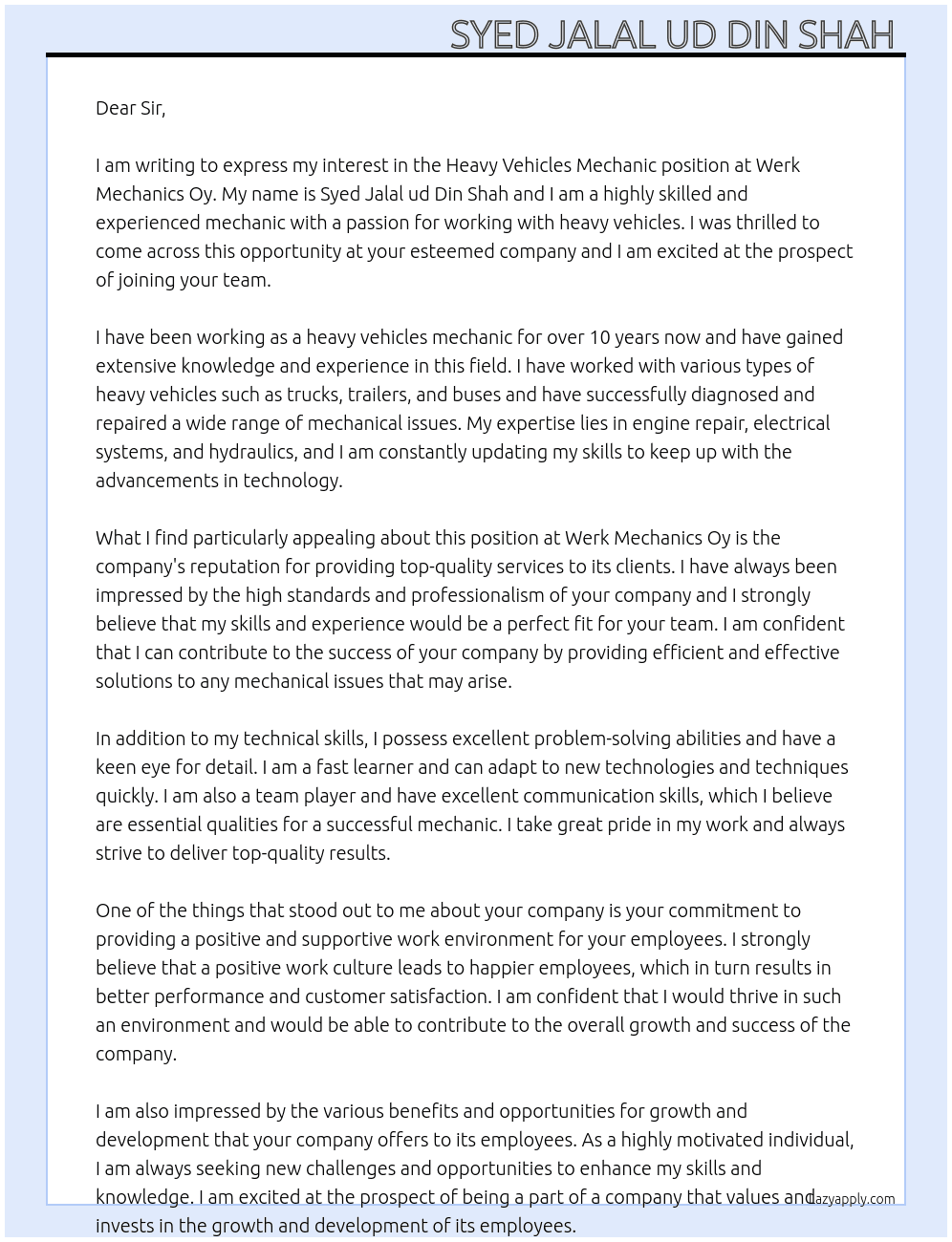 Cover letter for heavy vehicles mechanic - LazyApply