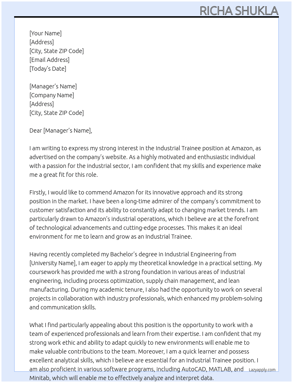 Industrial trainee  At Amazon  Cover Letter