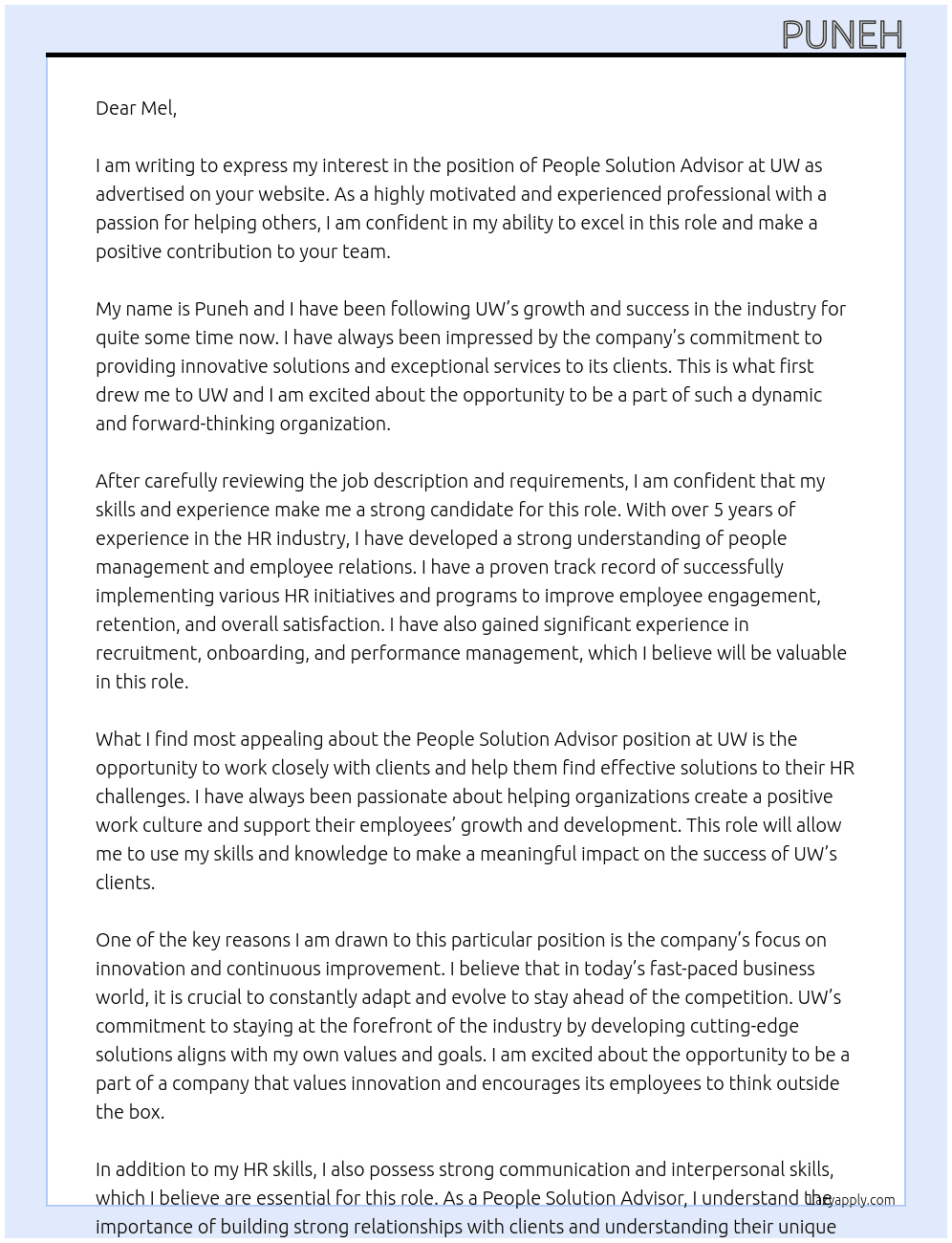People solution advisor At uw Cover Letter