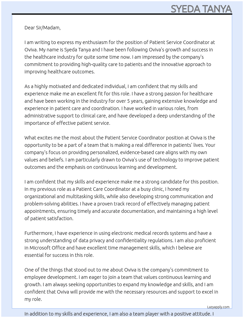 Patient Service Coordinator At Oviva Cover Letter