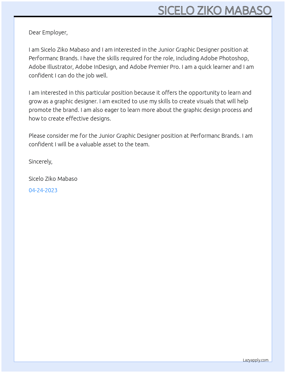Junior Graphic Designer At Performanc Brands Cover Letter