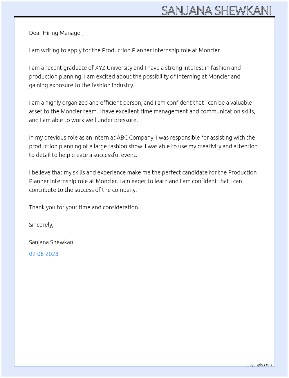 Production Planner Internship At Moncler Cover Letter