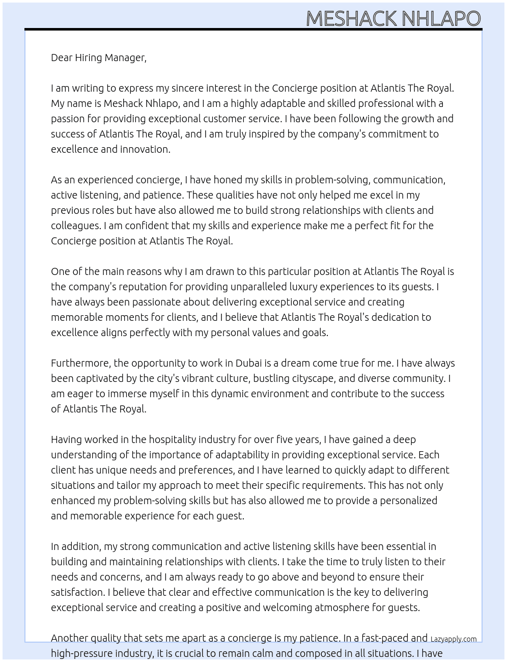 concierge At Atlantis The Royal  Cover Letter