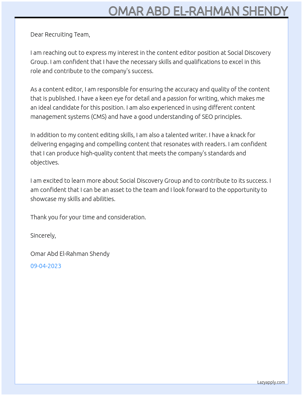 Content editor At Social discovery group Cover Letter