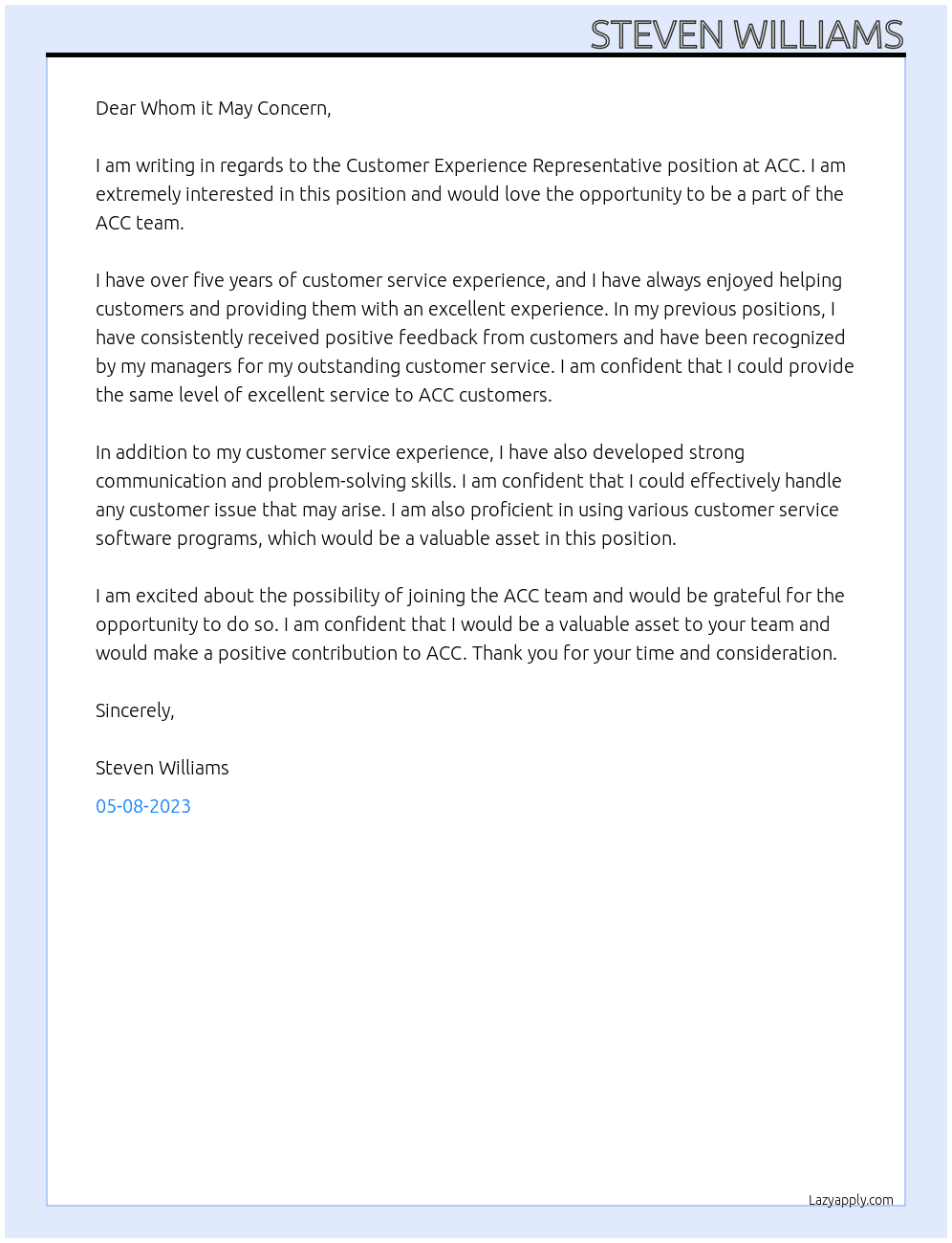 Customer Experience Representative At ACC Cover Letter