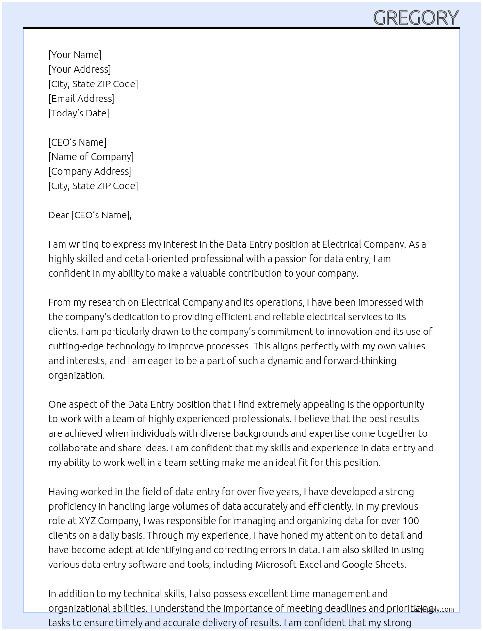 data entry At Electrical Company Cover Letter