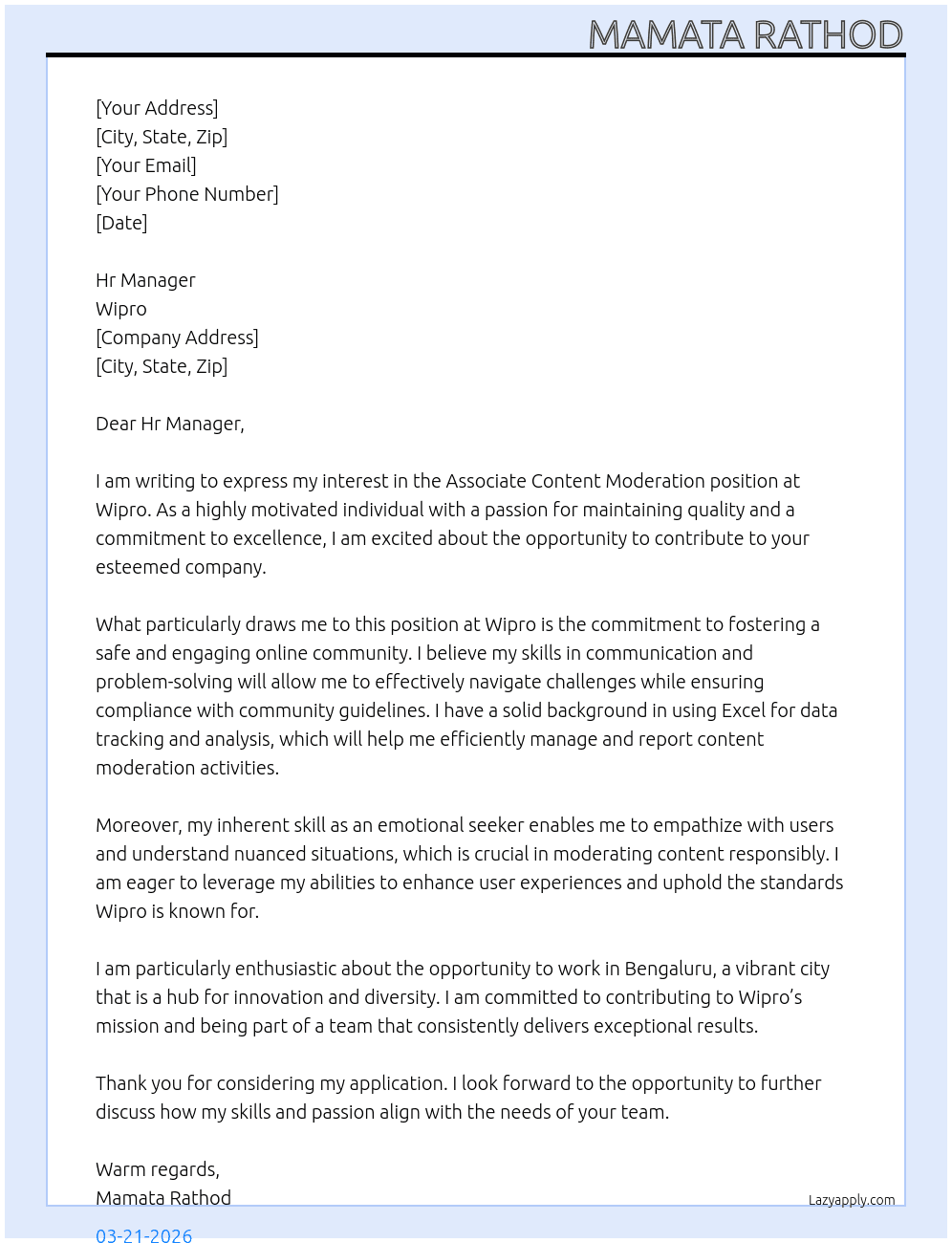 Cover letter for associate content moderation non voice / non-technical job - LazyApply