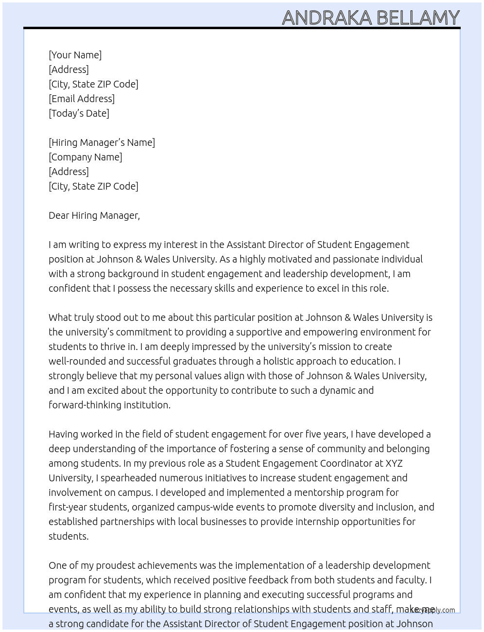 Assistant Director of Student Engagement At Johnson & Wales University Cover Letter
